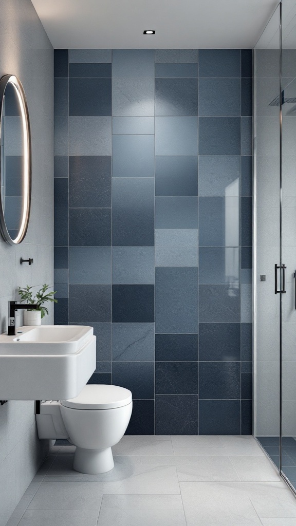 A modern bathroom featuring blue and gray ombre tiles on the wall and a clean white sink and toilet.