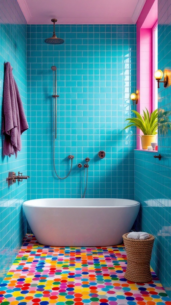 A vibrant bathroom featuring turquoise mosaic tiles on the walls and a colorful dot-patterned floor.