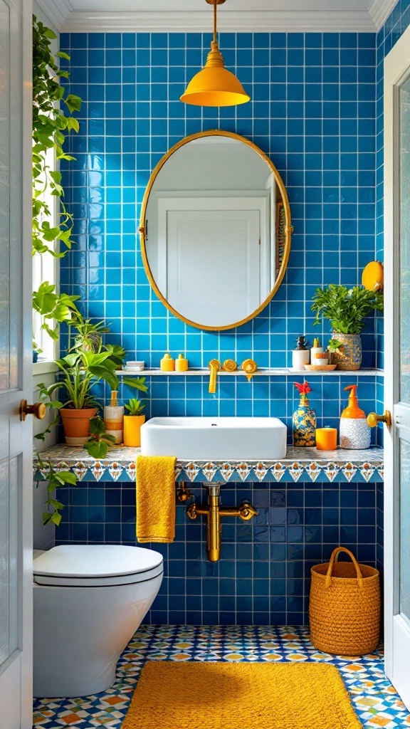 Bright blue tiled bathroom with yellow accents and green plants