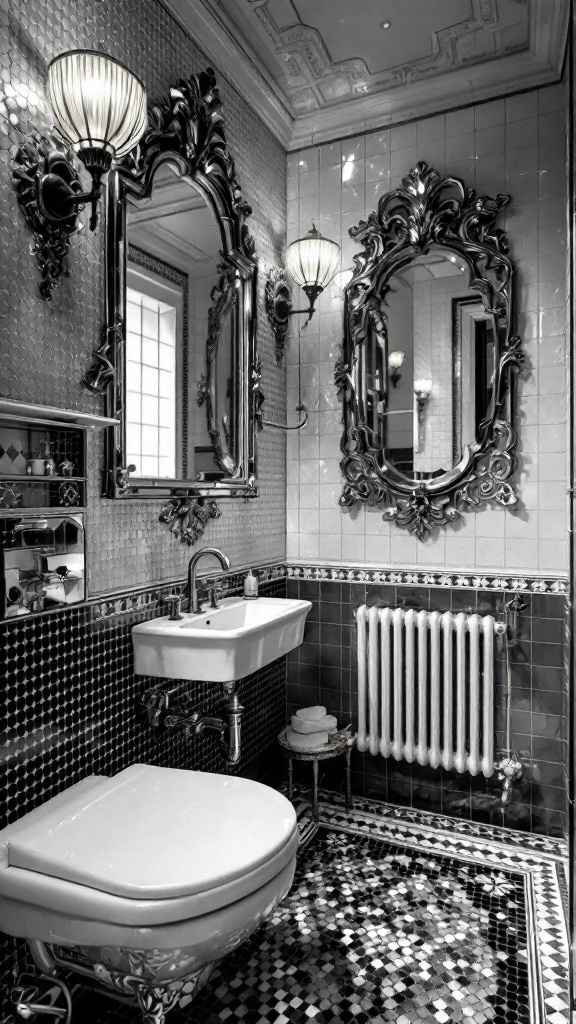 A stylish bathroom featuring black and white mosaic tiles, ornate mirrors, and elegant lighting.