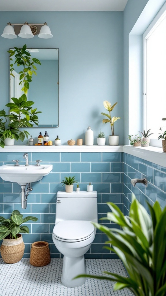 A bathroom featuring a classic blue subway tile accent wall, with plants and light fixtures.