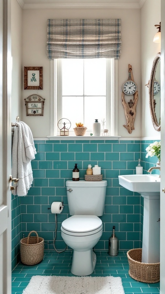 A cozy bathroom featuring turquoise tiles, decorated with coastal-themed elements.