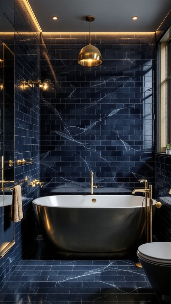 Bathroom featuring deep navy blue tiles and brass fixtures.