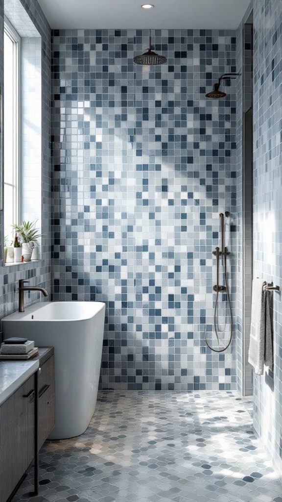 Modern bathroom featuring geometric mosaic tiles in shades of blue with a freestanding bathtub.