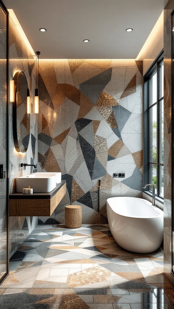 A modern bathroom featuring mixed mosaic tiles in gray and gold, a freestanding bathtub, and a stylish vanity.