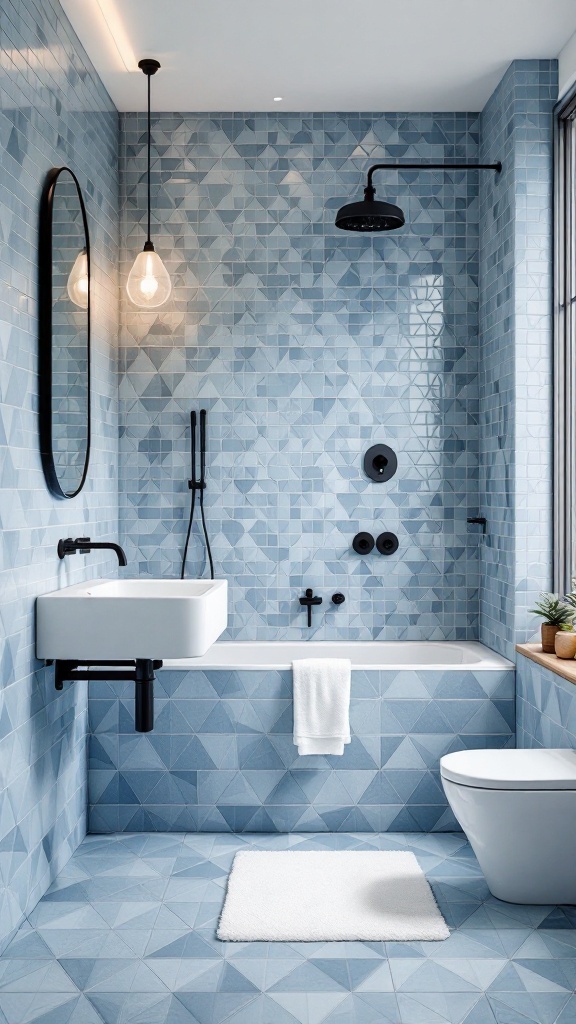 Modern bathroom with geometric blue tile patterns