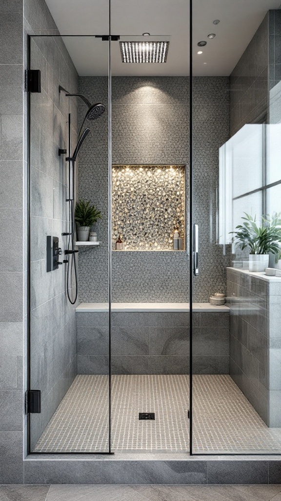 Modern shower area with mosaic tile backsplash and plants.