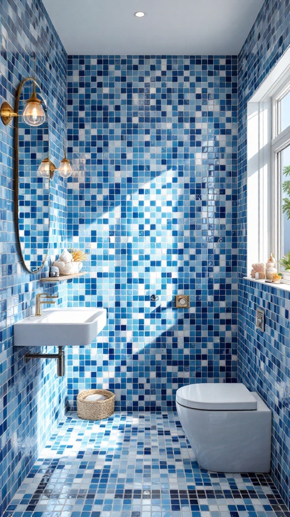 A bathroom featuring blue mosaic tiles, a white sink, and modern fixtures, creating an ocean-inspired theme.