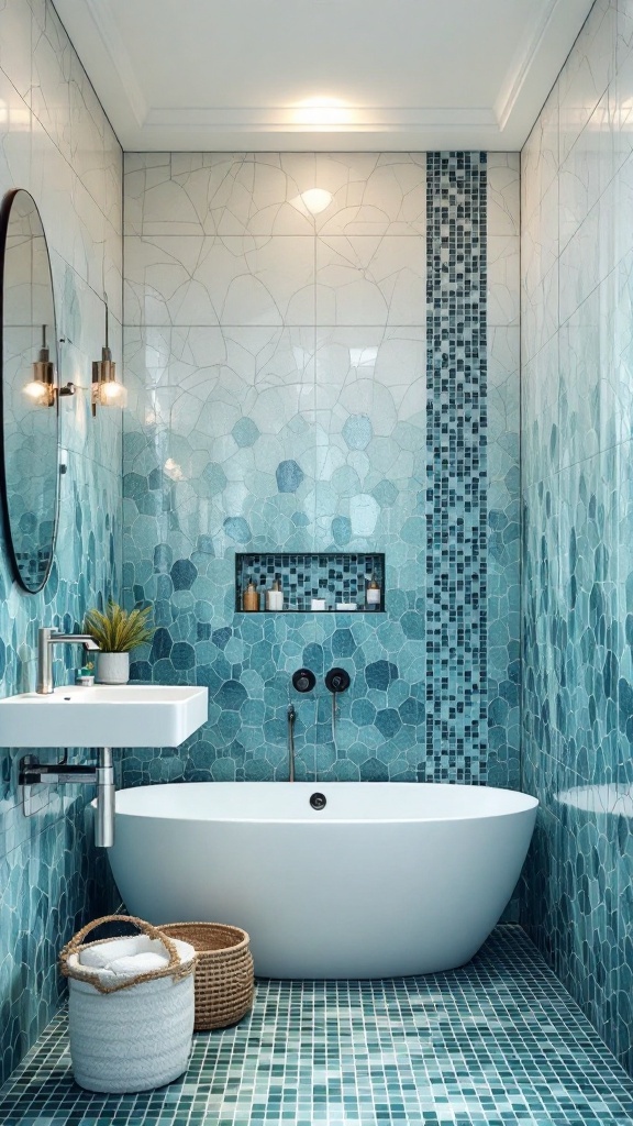 A modern bathroom featuring ocean-inspired mosaic tiles in shades of blue and green, complemented by a white bathtub and sink.