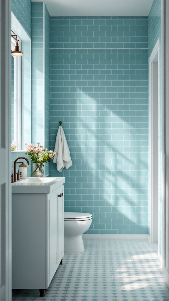 A bathroom featuring serene sky blue tiles, white fixtures, and natural light.