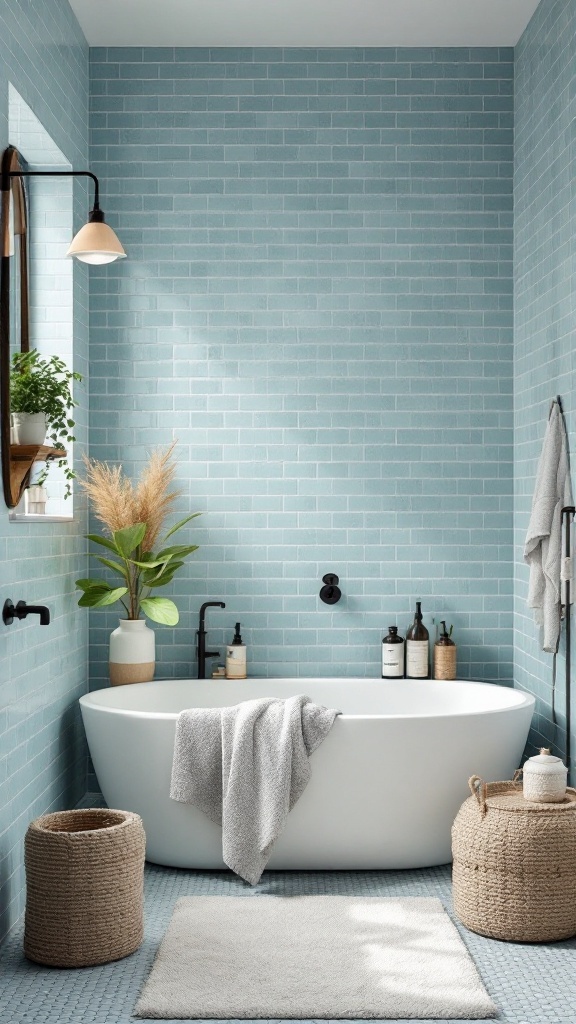 A stylish bathroom featuring powder blue tiles, a freestanding tub, plants, and woven baskets.