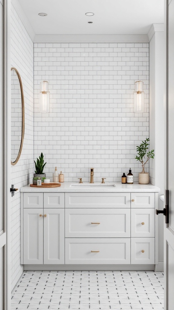 A modern bathroom featuring white subway tiles on the walls and a stylish sink area with brass fixtures.