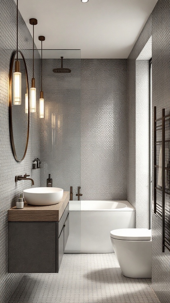 Modern bathroom with textured mosaic tiles, wooden vanity, and stylish lighting