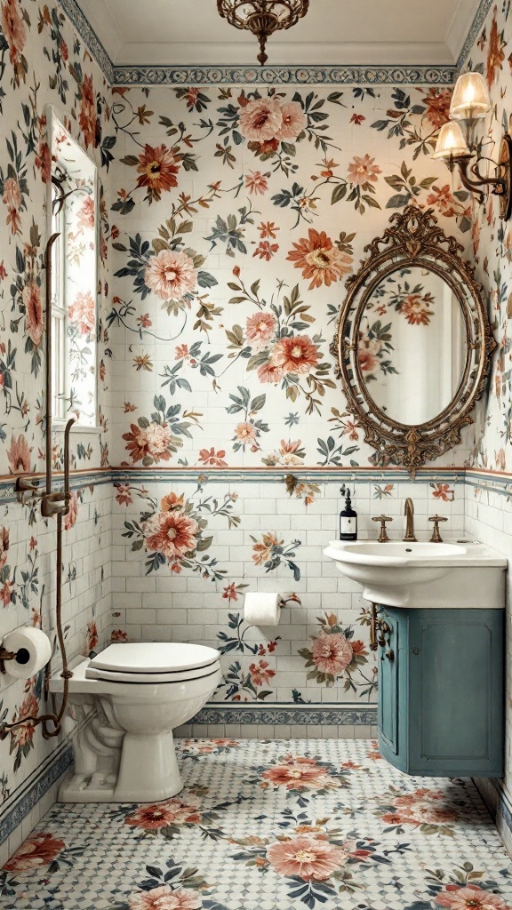 A vintage bathroom with floral patterned tiles, featuring soft colors and classic fixtures.