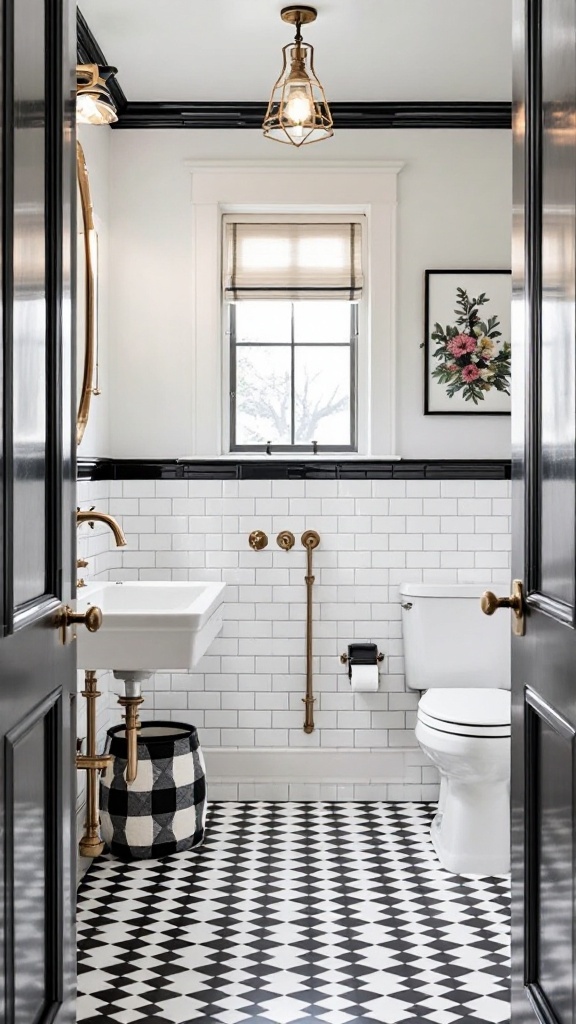 A guest bathroom featuring bold black and white checkerboard tiles on the floor, with white subway tiles on the walls and gold fixtures.