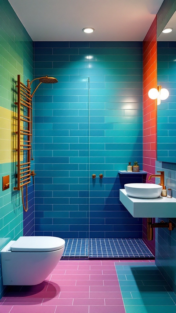 A vibrant bathroom featuring bold colored accent tiles in shades of green, blue, and pink.