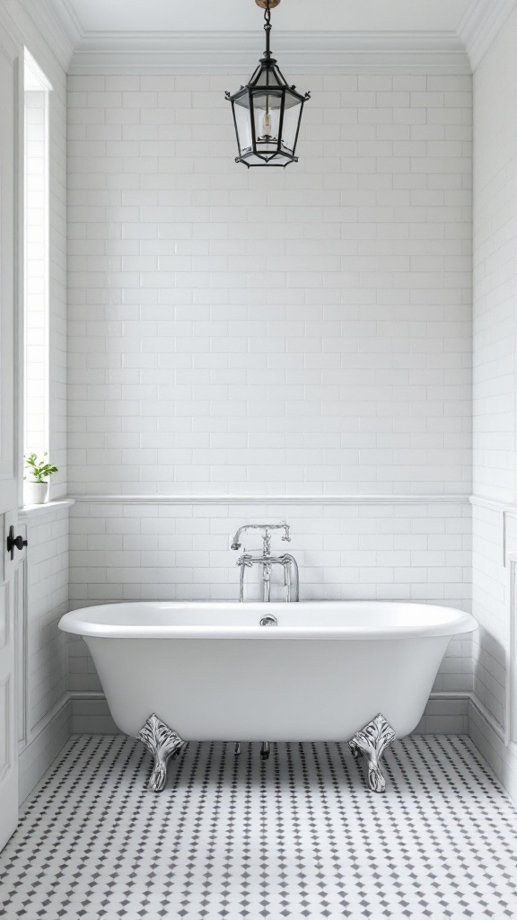 A traditional bathroom featuring classic white subway tiles, a freestanding bathtub, and black and white floor tiles.