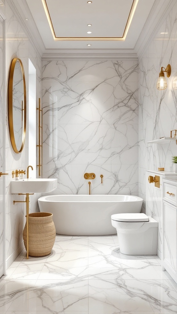 Elegant bathroom featuring Carrara marble tiles with gold fixtures