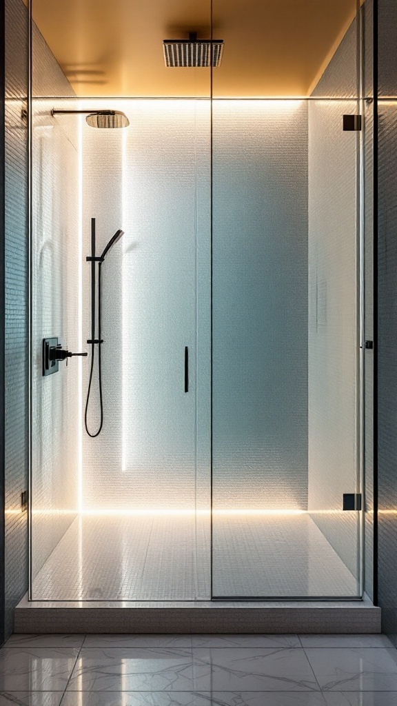 A modern shower with glossy glass tiles and a sleek design