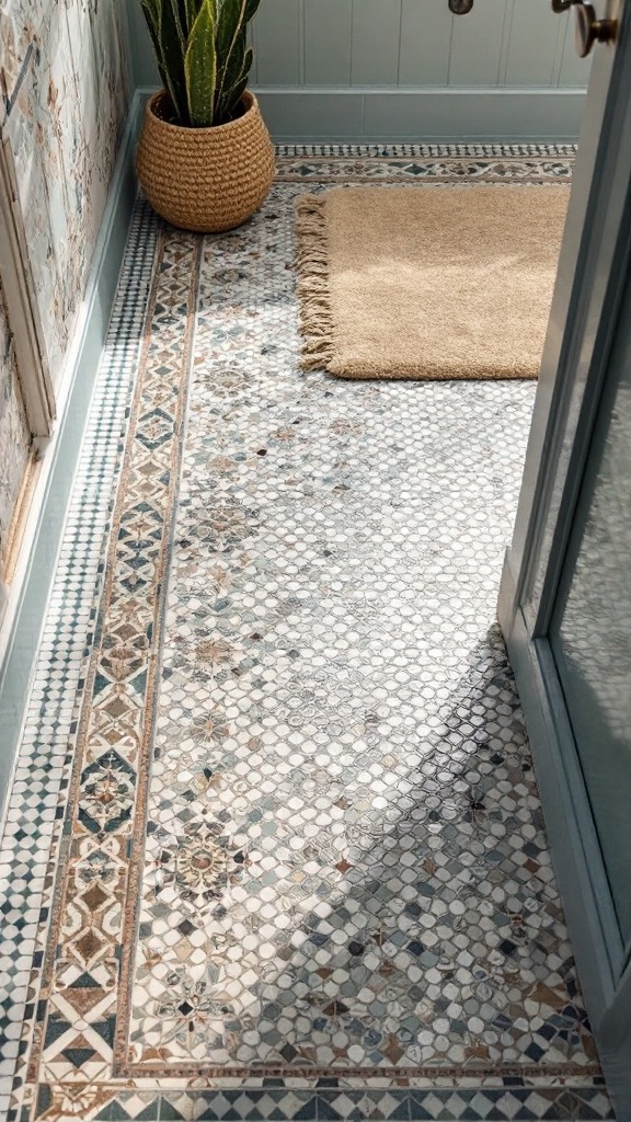 Intricate mosaic tile patterns on a bathroom floor.