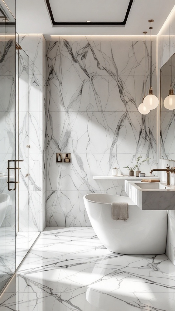 A luxurious guest bathroom featuring marble tiles on the walls and floor, with a modern freestanding bathtub and elegant fixtures.