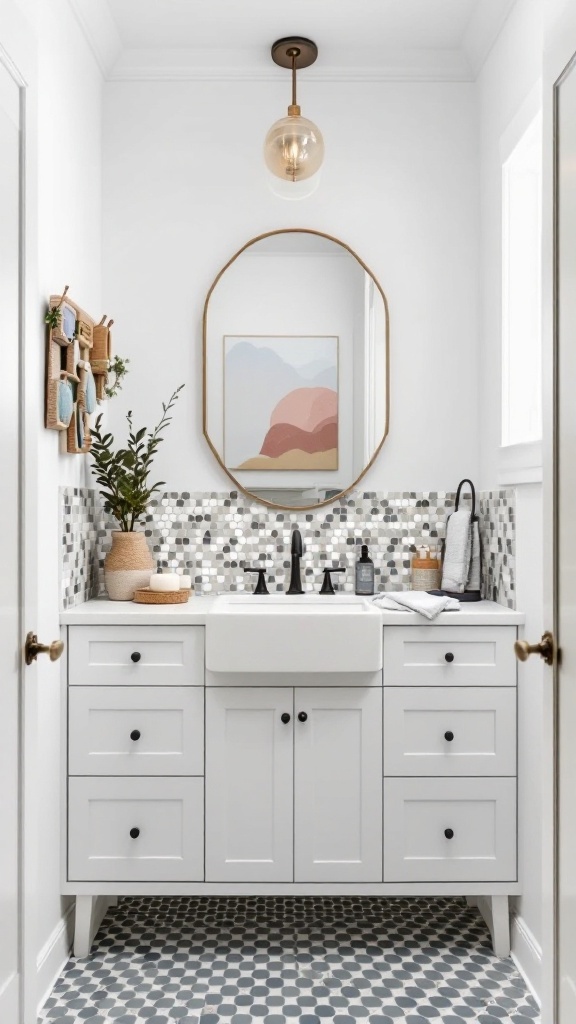 A modern guest bathroom featuring mosaic tiles on the walls and a patterned floor, with a stylish sink and warm lighting.