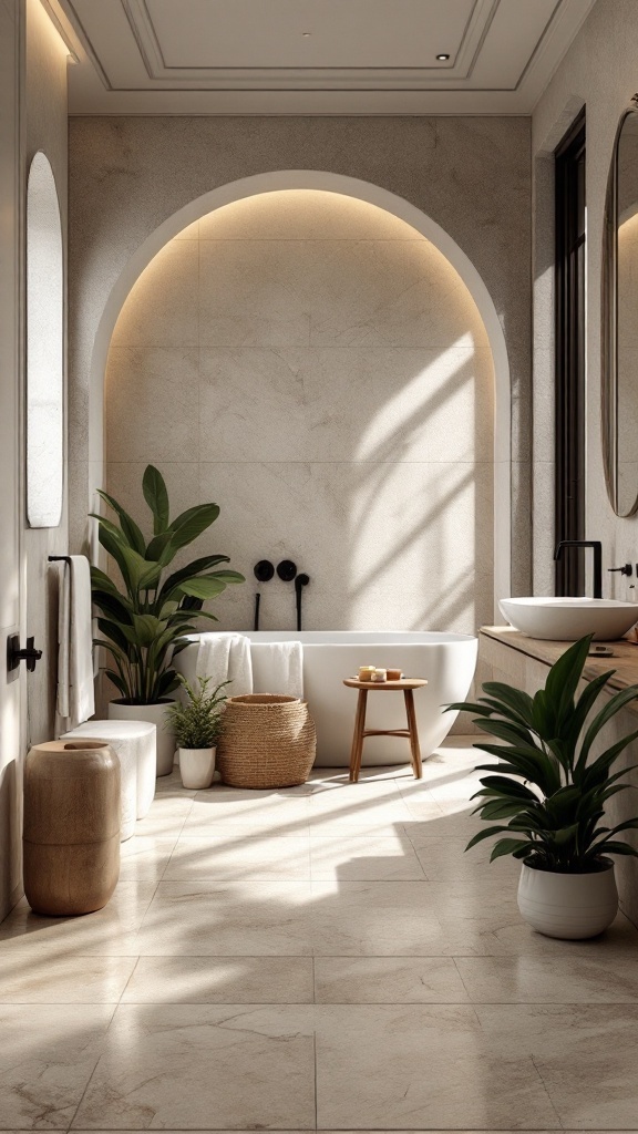 A modern bathroom featuring natural stone tiles, a freestanding bathtub, plants, and soft lighting.