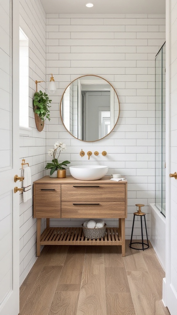 A modern guest bathroom featuring natural wood look porcelain tiles, a wooden vanity, and white tile walls.