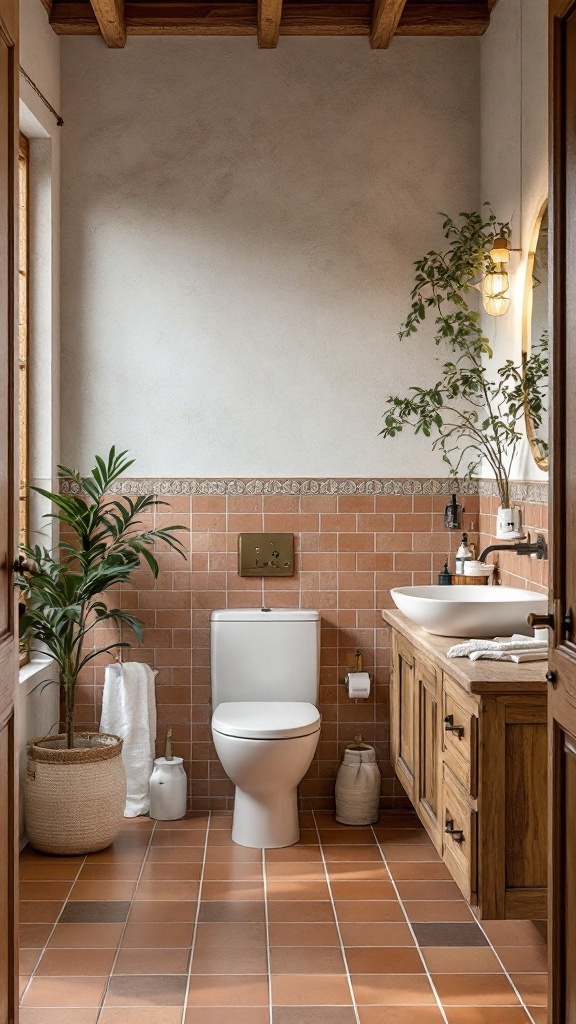 A rustic bathroom featuring terracotta tiles on the floor and walls, complemented by wooden elements and indoor plants.