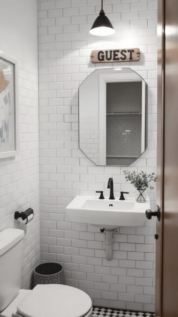 A guest bathroom featuring sleek white subway tiles, a black faucet, a round mirror, and a wooden sign that says 'GUEST'.