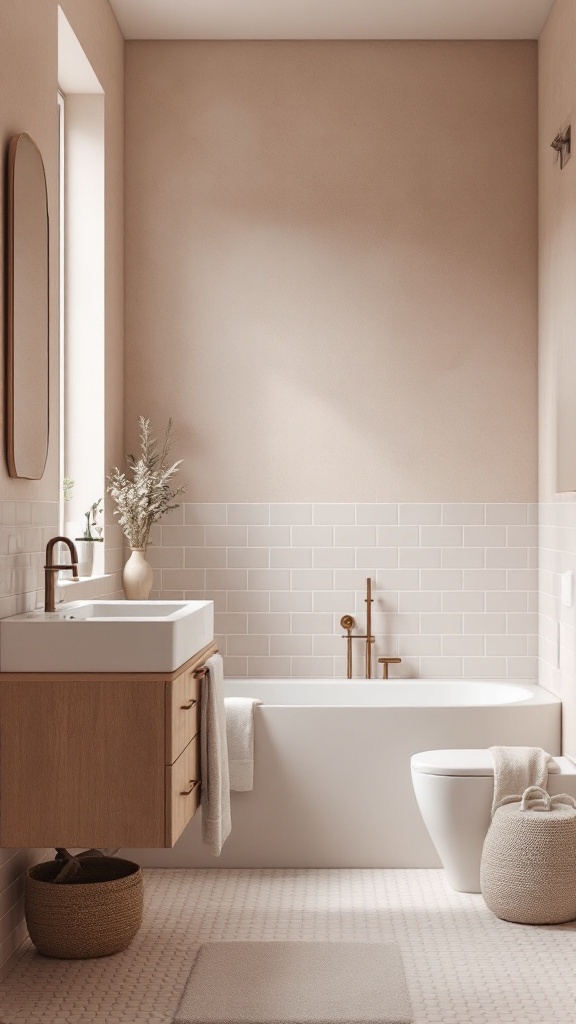 A modern bathroom featuring subdued pastel tiles on the lower wall, wooden cabinetry, and minimalistic decor.