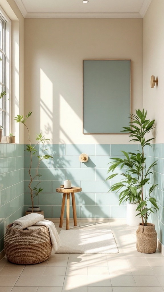 A guest bathroom featuring pastel blue tiles, natural light, and plants for a soft ambiance.