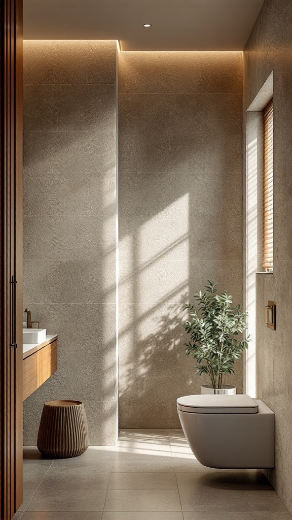 A modern guest bathroom featuring textured stone tiles, wooden accents, and a small plant for a rustic feel.