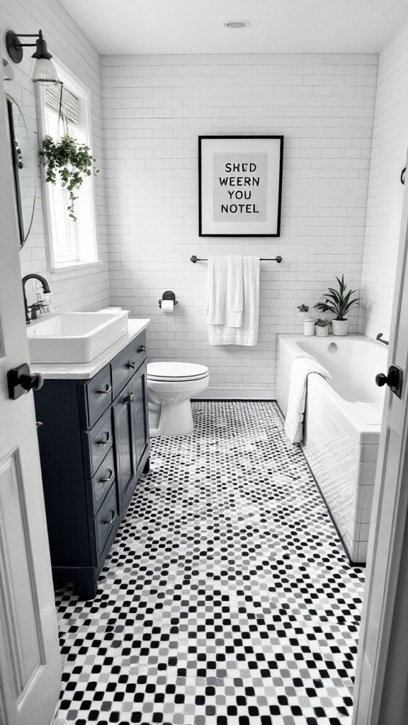 A bathroom featuring hexagon tiles in black, white, and gray, with a modern design and a cozy atmosphere.