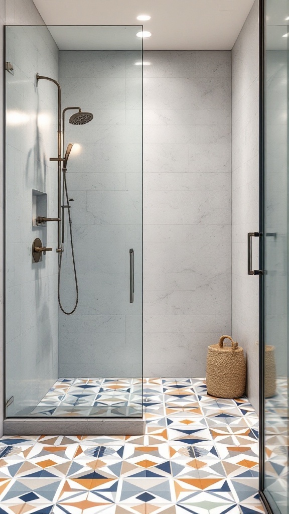 A modern guest bathroom with vibrant geometric tile patterns on the floor, featuring a glass shower enclosure and neutral wall tiles.