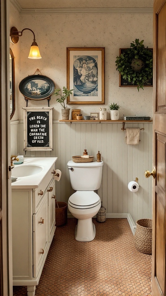 A vintage-inspired guest bathroom featuring penny round tiles on the floor, with warm decor and lighting.