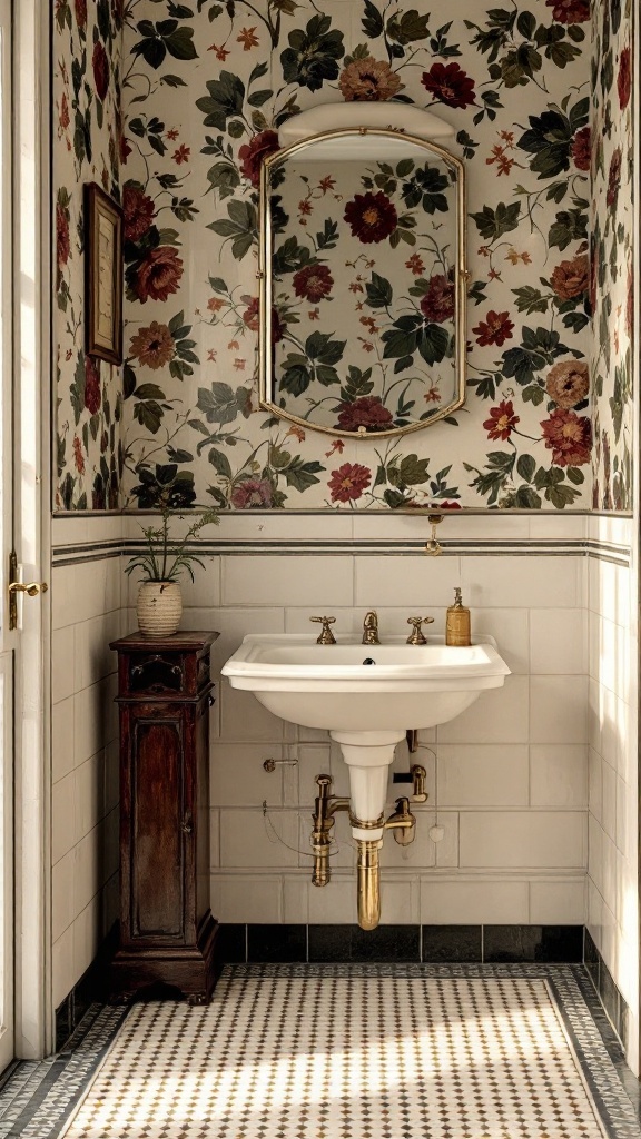 A vintage bathroom featuring floral print wallpaper and tiles, a white sink, and wooden accents.