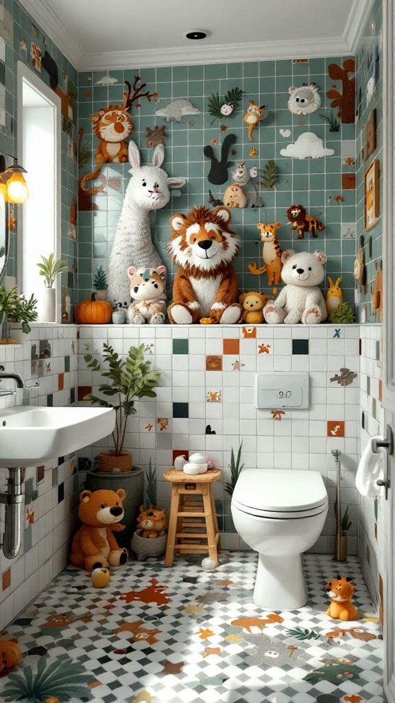 A kids bathroom with animal-themed tiles featuring various cute animal designs, plush toys, and plants, creating a playful and inviting atmosphere.