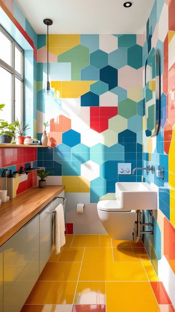 A modern bathroom featuring bold, colorful hexagonal tiles in shades of blue, red, yellow, and green.