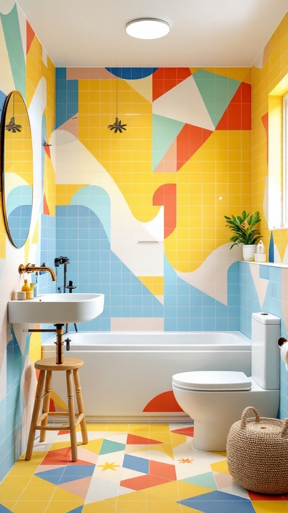 A colorful kids bathroom with bright geometric tile designs.