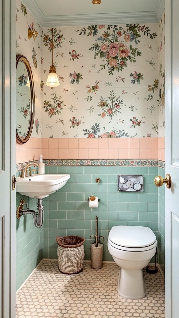 A charming kids' bathroom featuring vintage tiles in pastel colors, floral wallpaper, and a cozy layout.