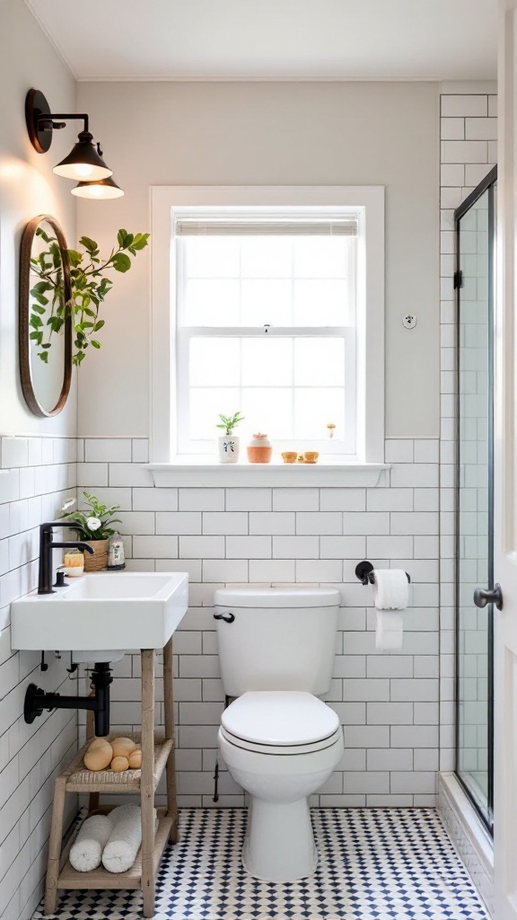 A stylish kids' bathroom featuring classic subway tiles on the walls and patterned tiles on the floor.