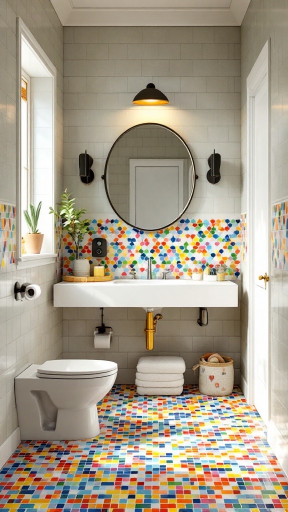 Colorful mosaic tiles in a kids' bathroom with vibrant patterns on walls and floor