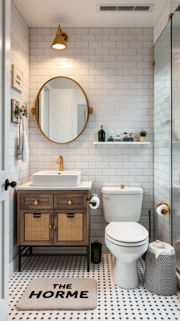 A stylish kids bathroom featuring a personalized mat with the name 'THE HORNE' on a black and white tiled floor.