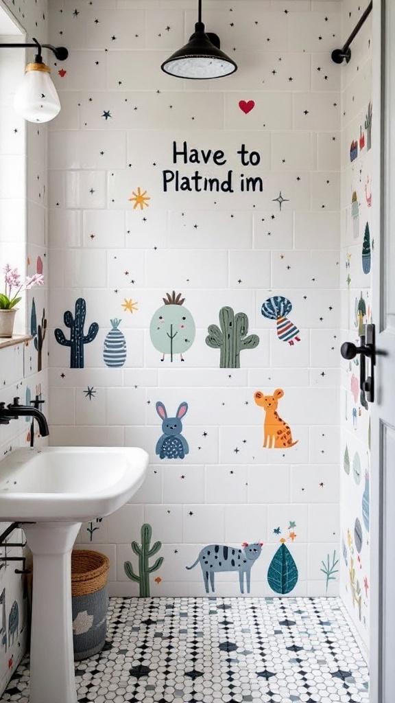 A kids' bathroom with DIY painted tiles featuring animals and plants