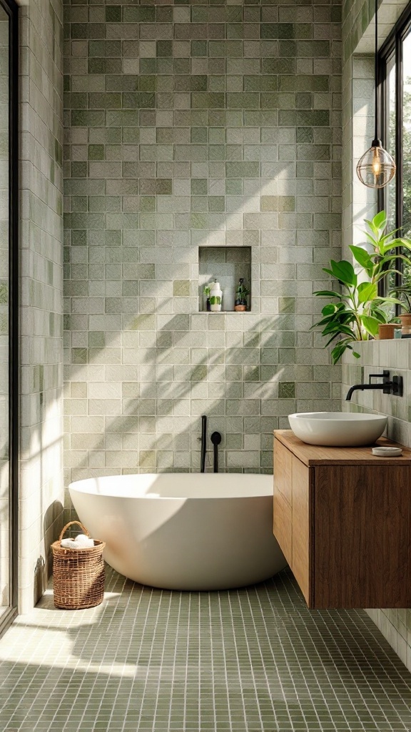 A modern bathroom featuring eco-friendly green tiles, a round bathtub, wooden vanity, and potted plants.