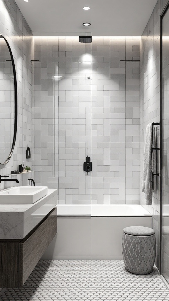 Modern bathroom featuring geometric tile patterns with rectangular wall tiles and hexagonal floor tiles.