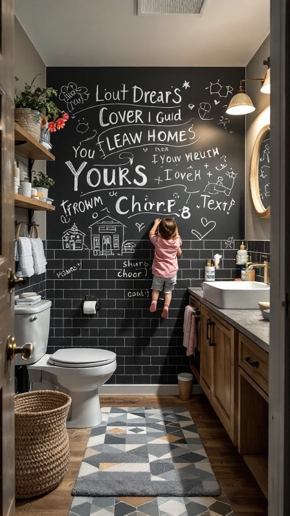 A bathroom with interactive chalkboard tiles, featuring a child drawing on the wall