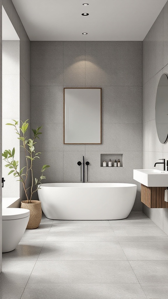 A modern bathroom featuring large gray tiles, a freestanding bathtub, and minimalist decor.