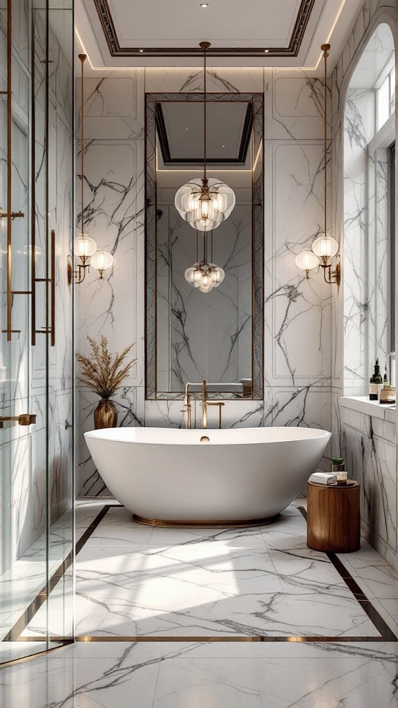 Luxurious bathroom featuring marble effect tiles on walls and floor, a freestanding tub, and elegant lighting.